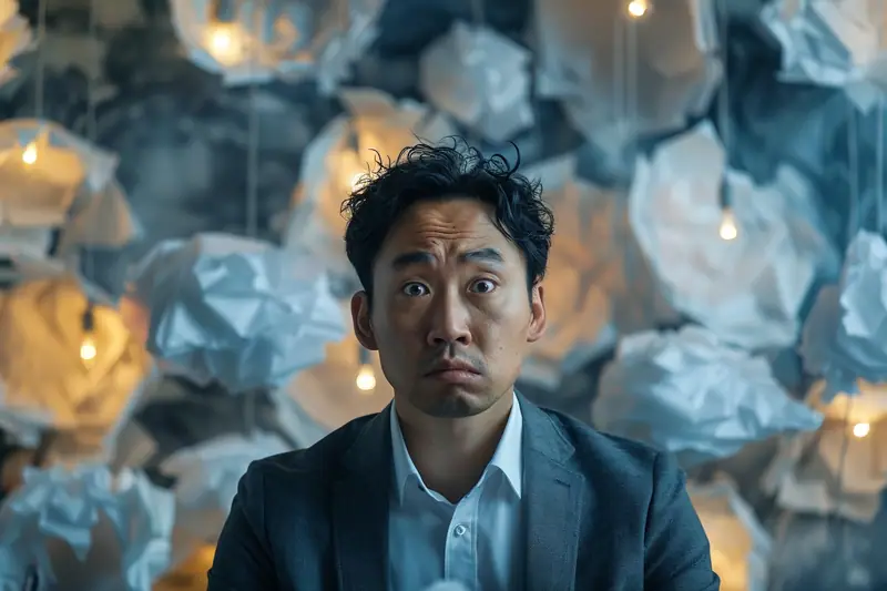 Homme en costume sombre regarde devant lui, entouré de feuilles froissées suspendues et d’ampoules allumées