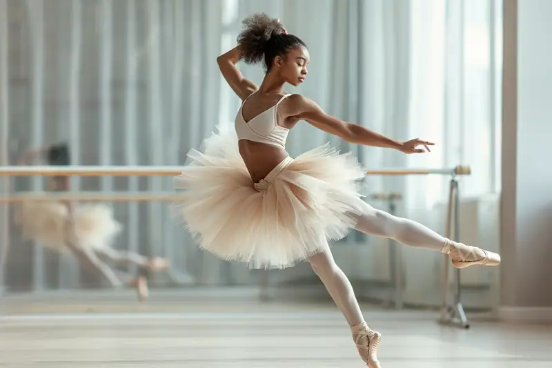 Danseuse en tutu blanc levant une jambe dans un studio aux barres de ballet