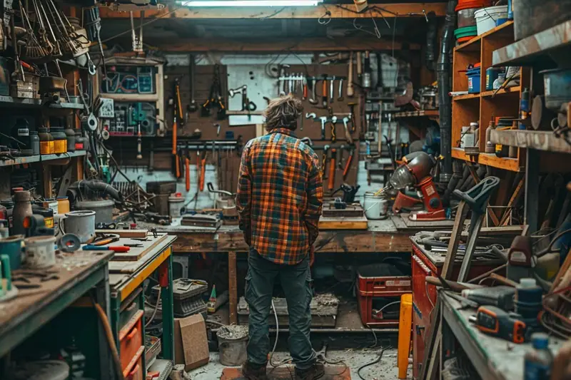 Un homme en chemise à carreaux travaille dos tourné dans un atelier encombré d’outils