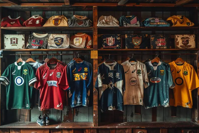 Des maillots de rugby colorés sont suspendus devant des étagères remplies de souvenirs sportifs