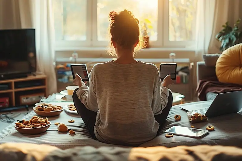 Une personne assise au sol tient deux tablettes devant une table encombrée de pâtisseries et d’appareils électroniques