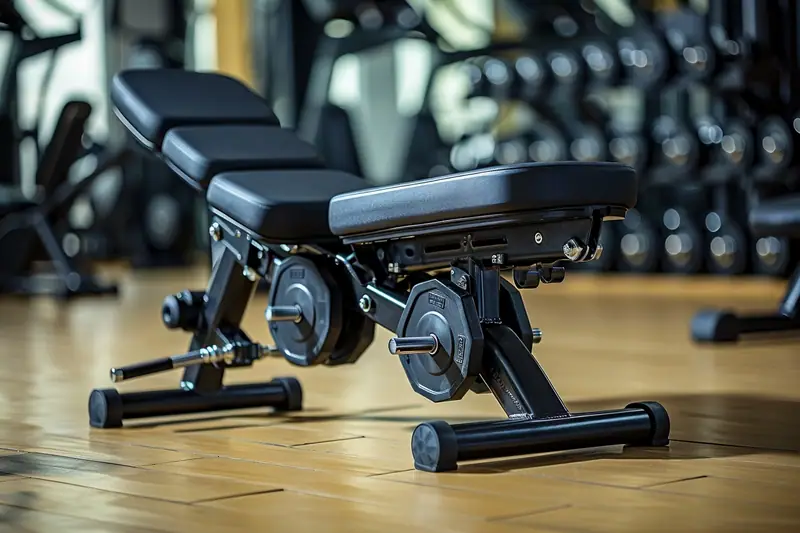 Banc de musculation noir réglable avec rouleaux rembourrés sur un sol en bois, dans une salle de sport