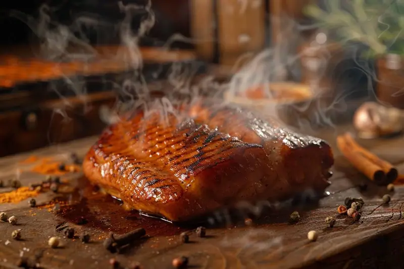 Pièce de viande quadrillée fumante sur une planche en bois, entourée d’épices entières