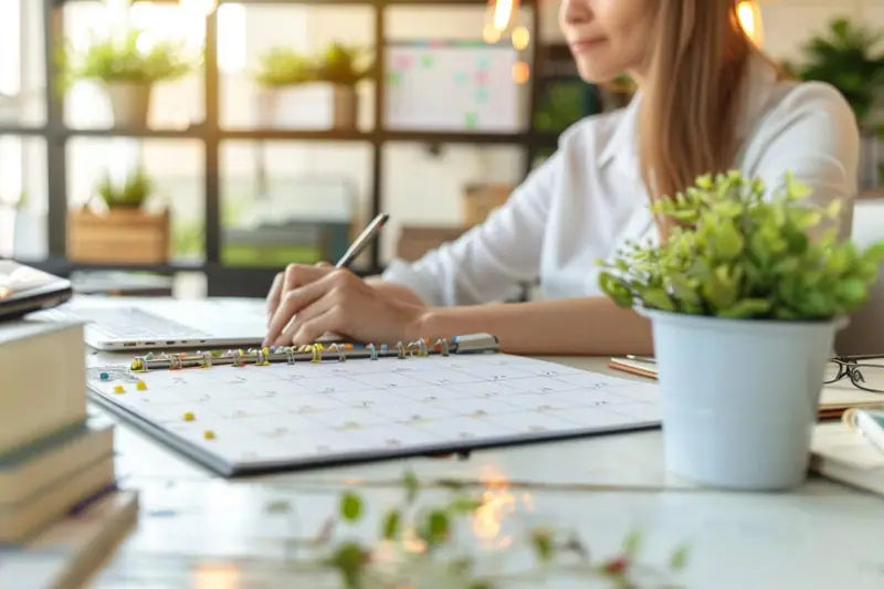 Femme écrivant dans un agenda ouvert sur un bureau, près d’une plante en pot
