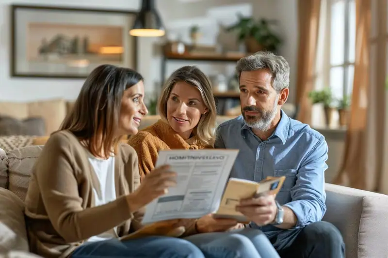 Trois adultes assis sur un canapé consultent des documents et une enveloppe dans un salon