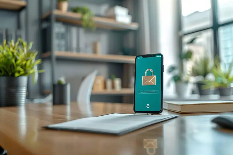 Un smartphone affichant une enveloppe sécurisée est posé sur un bureau avec documents et plantes