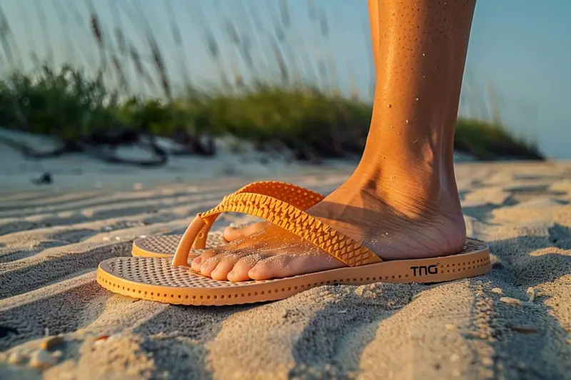 Un pied porte une tong orange sur le sable, devant des herbes de dune
