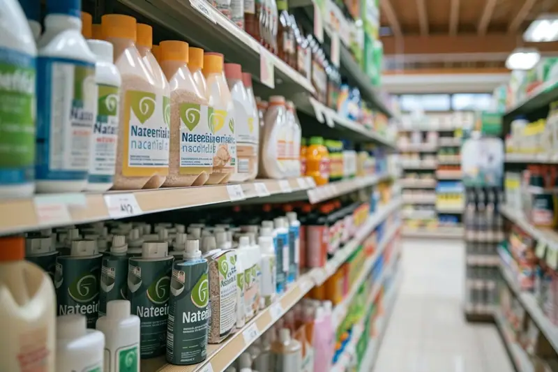 Flacons de produits d’entretien blancs et verts alignés sur les étagères d’un magasin