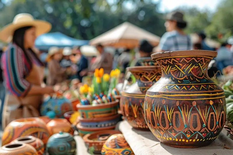 Des pots en céramique décorés sont alignés sur une table de marché en plein air