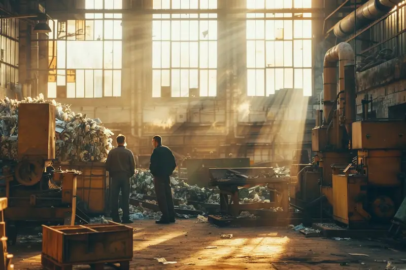 Deux personnes se tiennent devant des tas de déchets dans un atelier industriel éclairé par le soleil