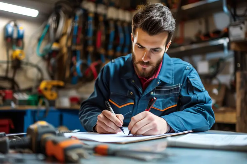 Un homme en veste bleue écrit sur des documents dans un atelier encombré d’outils