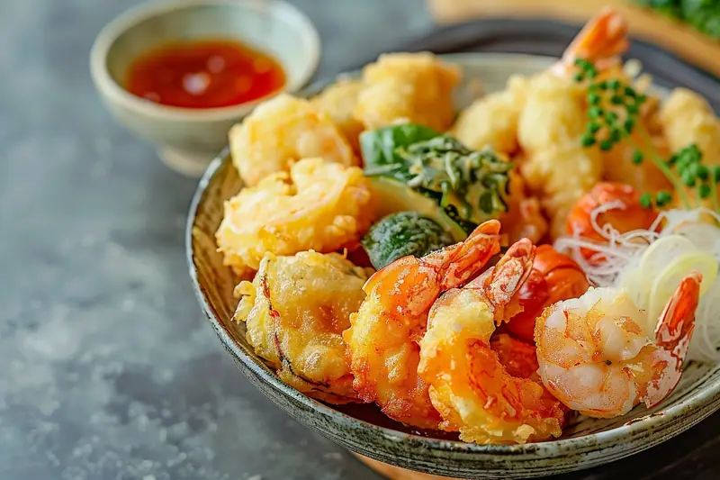 Assiette de crevettes et légumes frits, garnie de salade et accompagnée d’une sauce rouge