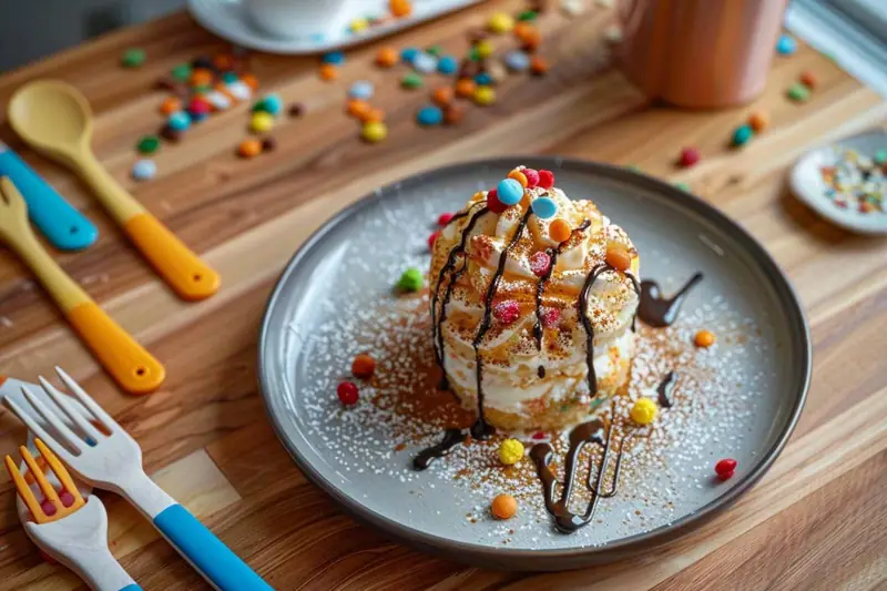 Monticule de glace nappé de chocolat, biscuits et bonbons colorés sur une assiette grise