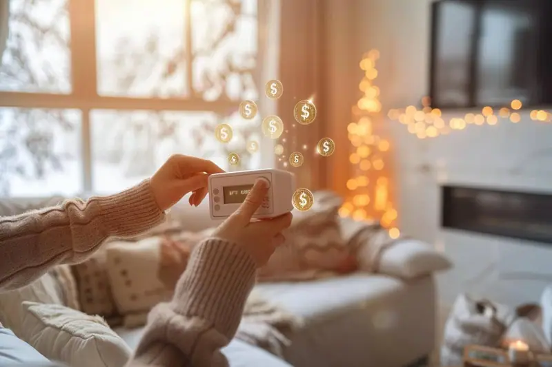 Des mains règlent un thermostat blanc devant un canapé et des décorations lumineuses floues