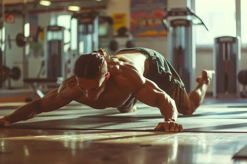 Un homme torse nu maintient son corps au ras du sol dans une salle de sport
