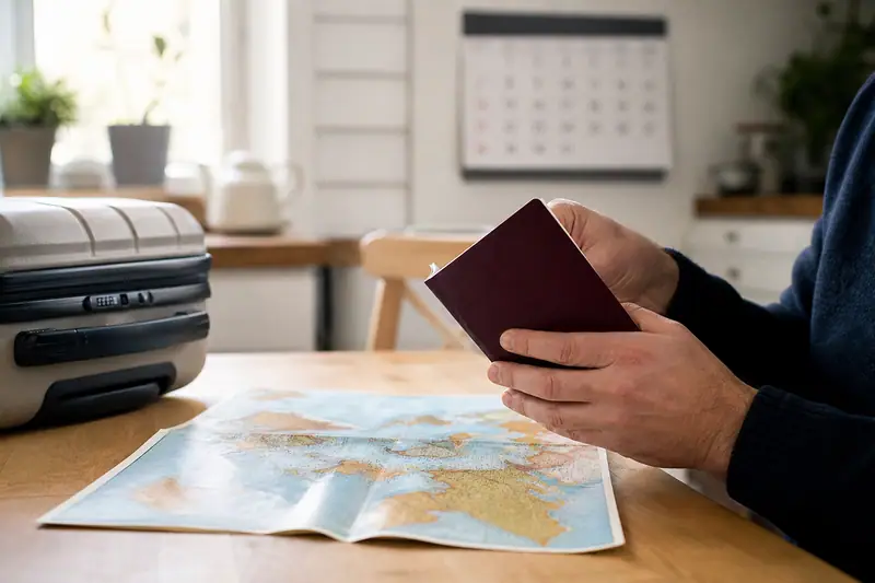 Des mains tiennent un passeport bordeaux au-dessus d'une carte, près d'une valise grise