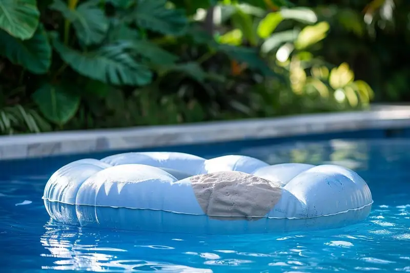 Boudin gonflable blanc et bleu flottant dans une piscine, avec une large zone grise au centre