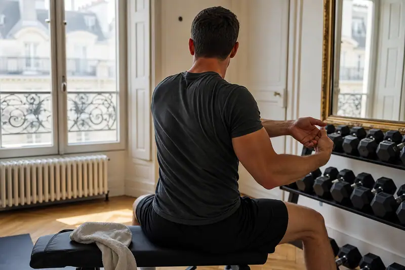 Un homme assis sur un banc saisit un haltère devant un miroir, près de fenêtres ouvertes