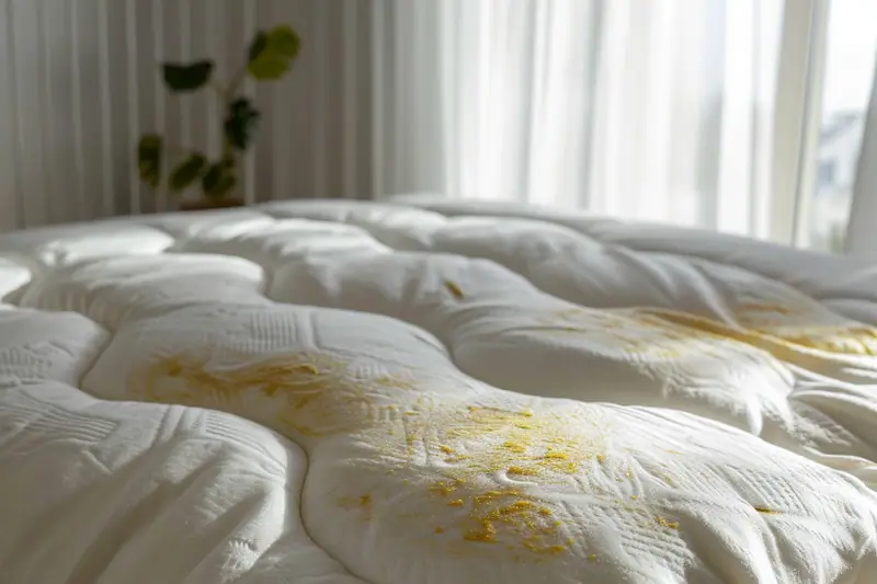 Matelas blanc capitonné présentant plusieurs taches jaunes, devant des rideaux blancs translucides