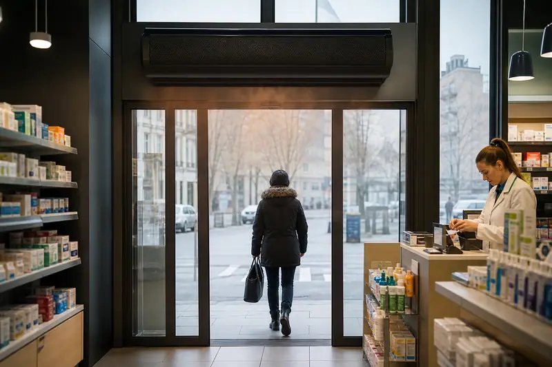 Une personne en manteau noir sort par la porte vitrée d’une pharmacie, sous un appareil mural noir