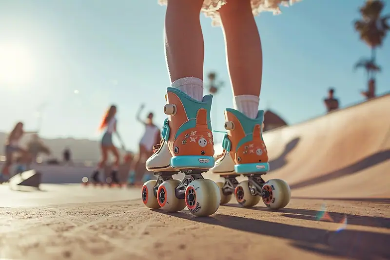 Jambes chaussées de rollers turquoise et orange sur une rampe de skate en béton