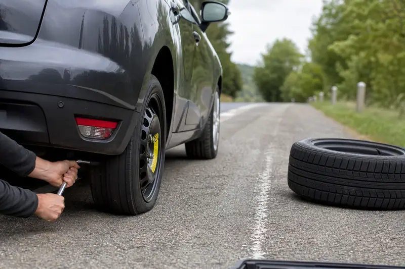 Une personne serre la roue arrière d'une voiture grise, près d'un pneu posé sur la route