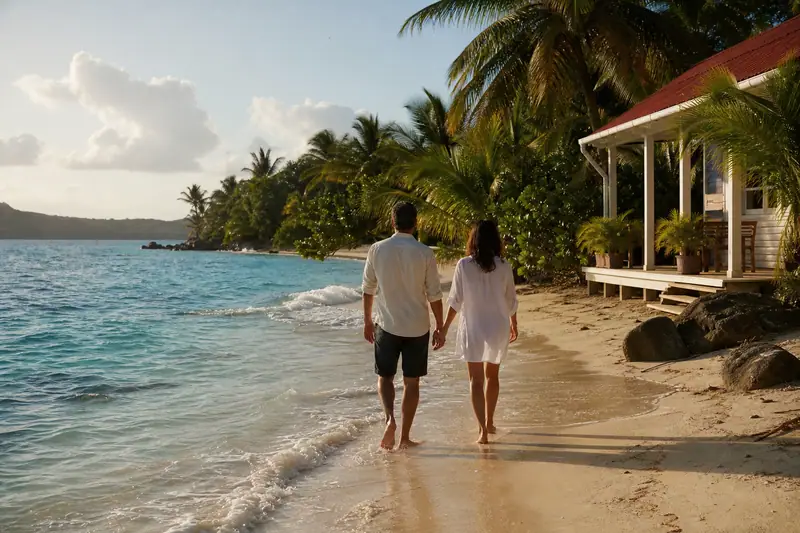 Un couple marche pieds nus sur une plage, près d’une maison entourée de palmiers