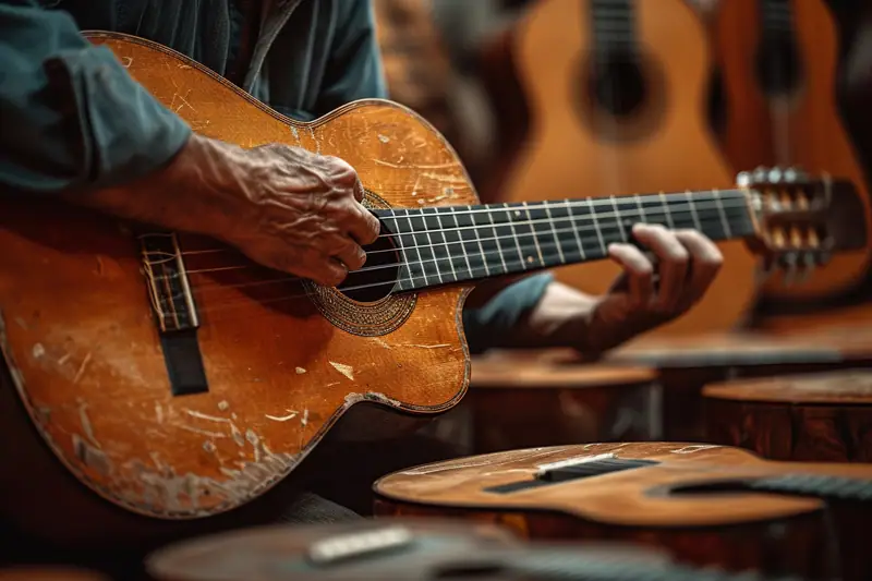 Mains jouant une guitare classique usée en bois brun, devant plusieurs guitares suspendues
