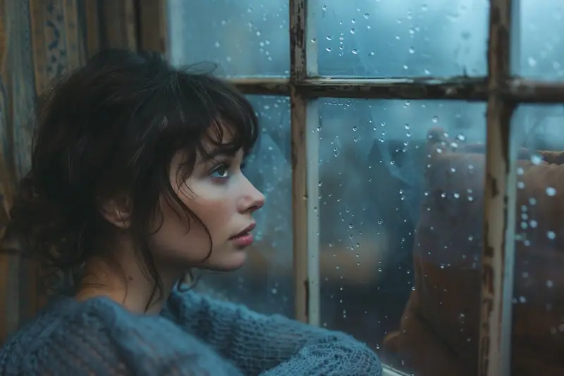 Jeune femme en pull gris regarde par une fenêtre couverte de gouttes de pluie