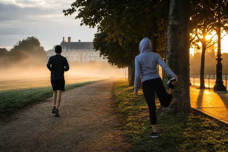 Deux personnes en tenue de sport sur un chemin bordé d'arbres au lever du soleil