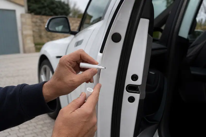 Deux mains appliquent un stylo blanc sur le montant d’une portière de voiture blanche ouverte