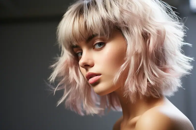 Femme aux cheveux courts blond rosé avec frange, regardant sur le côté devant un fond gris