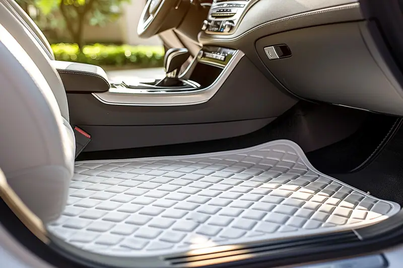 Tapis gris à relief quadrillé posé sur le sol avant d’une voiture noire
