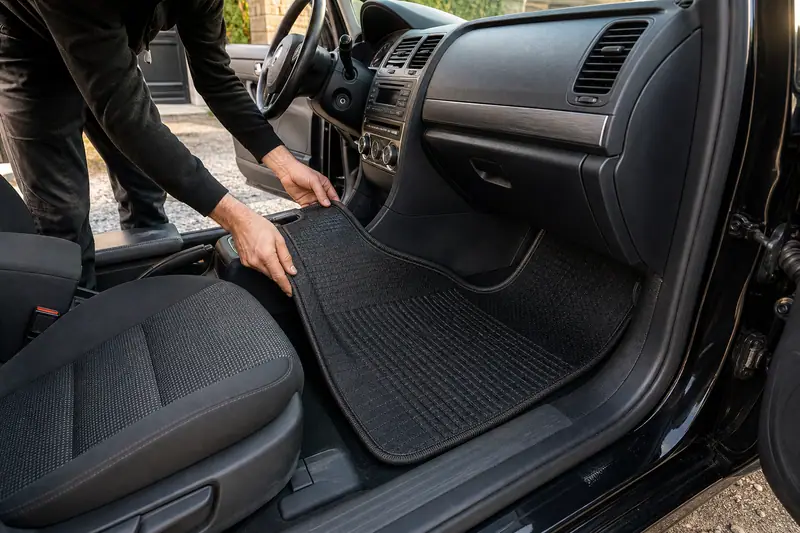 Une personne installe un tapis noir sur le sol côté passager d’une voiture noire