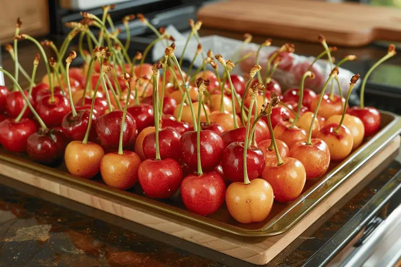 Des cerises rouges et jaunes avec tiges sont alignées sur une plaque métallique