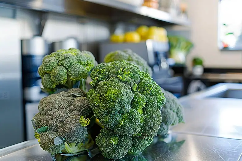 Plusieurs têtes de brocoli vert reposent sur un plan de travail métallique dans une cuisine