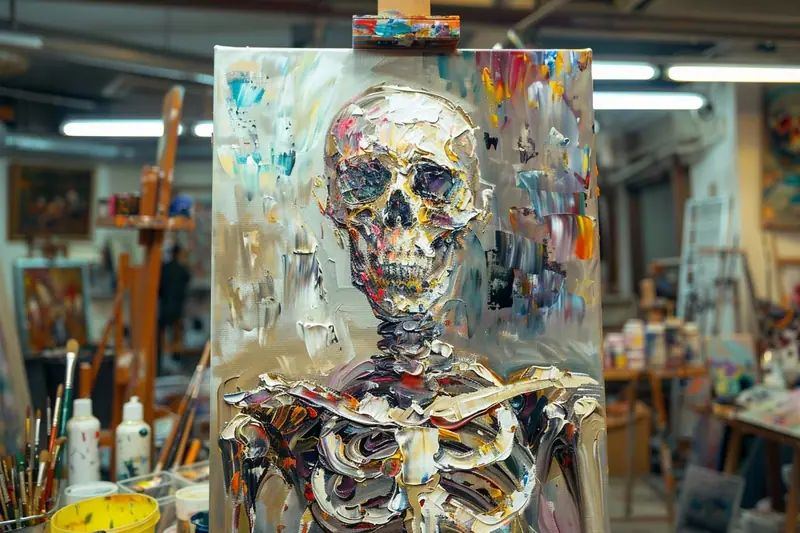 Une toile représente un squelette coloré, posée sur un chevalet dans un atelier encombré de pinceaux et flacons