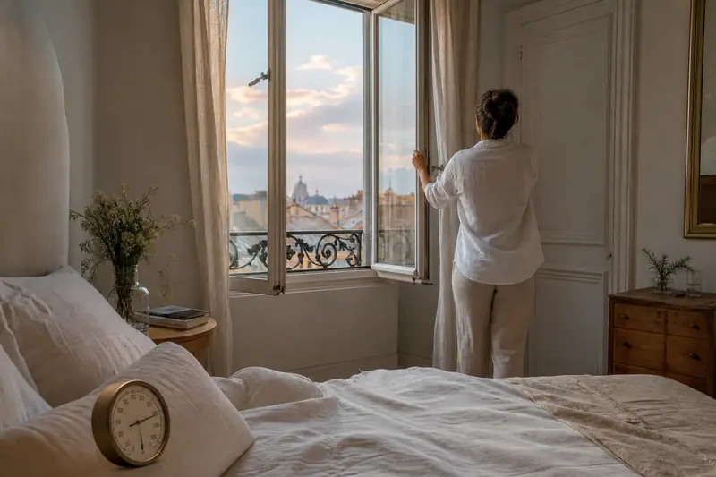 Une femme ouvre la fenêtre d’une chambre aux rideaux beiges, devant un lit défait
