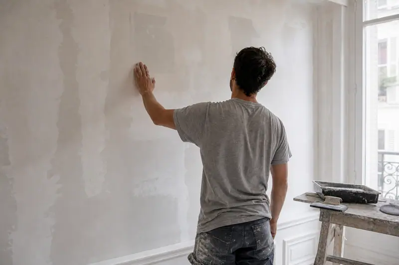 Un homme ponce un mur blanc près d'une fenêtre, avec un escabeau et des outils à droite