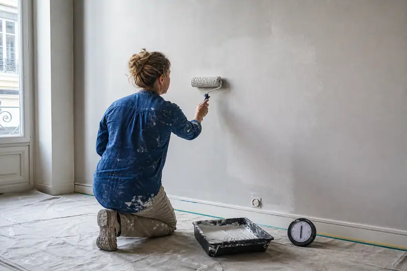 Une femme agenouillée applique de la peinture blanche au rouleau sur un mur intérieur