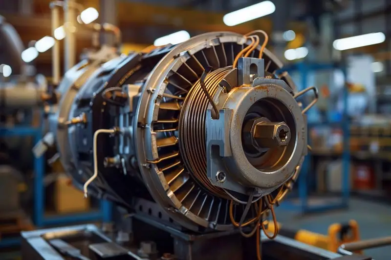 Moteur électrique ouvert montrant bobinages cuivrés, rotor central et câbles dans un atelier industriel