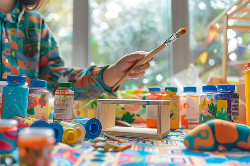 Une personne tient un pinceau au-dessus d’une table couverte de pots de peinture colorés