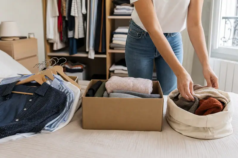Une femme range des vêtements dans une boîte en carton et un panier en tissu sur un lit