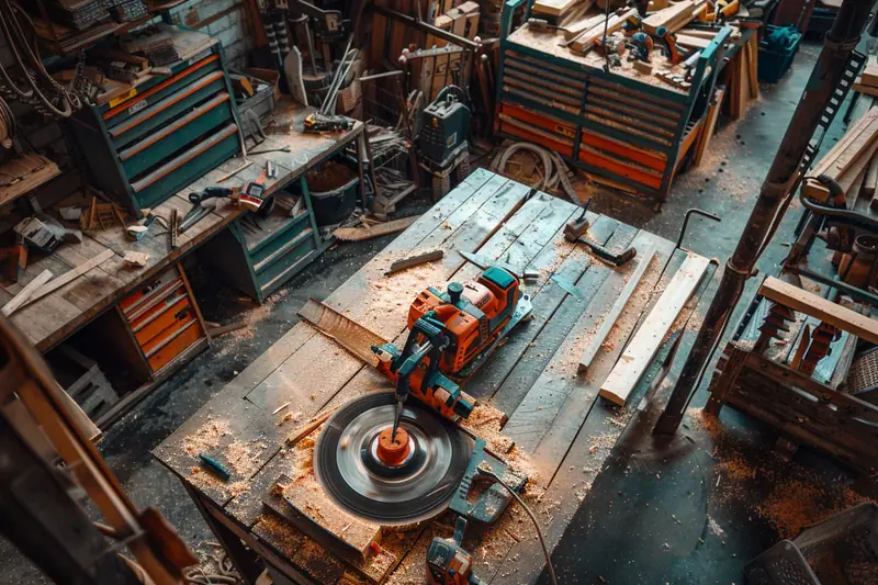 Scie circulaire orange sur table en bois, entourée de planches, copeaux et établis d’atelier