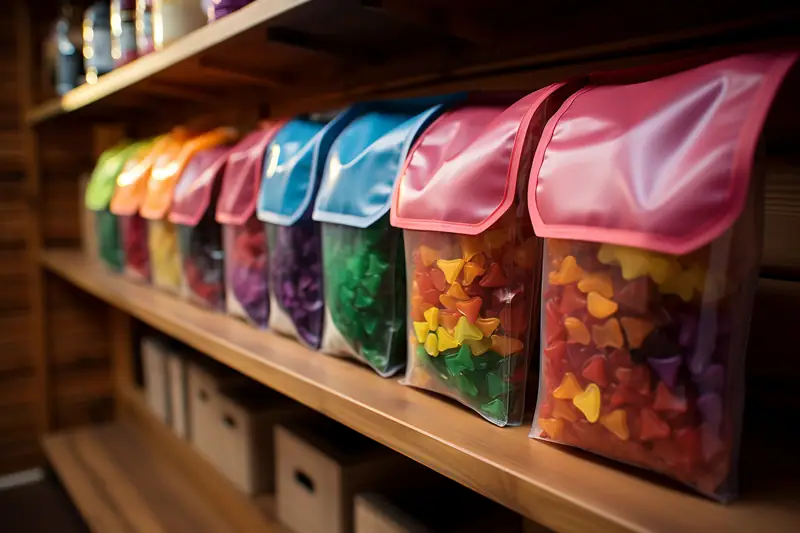 Pochons transparents colorés remplis de petits objets alignés sur une étagère en bois