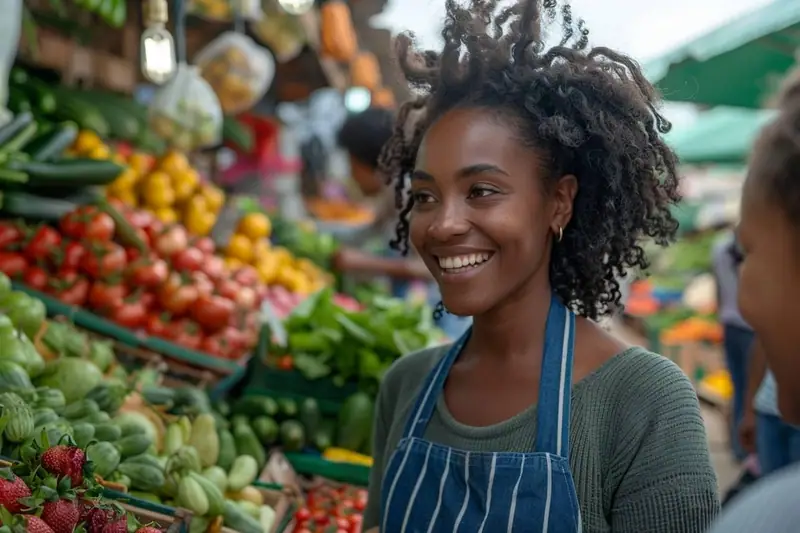 Femme souriante en tablier bleu devant des étals de légumes et de fruits colorés au marché