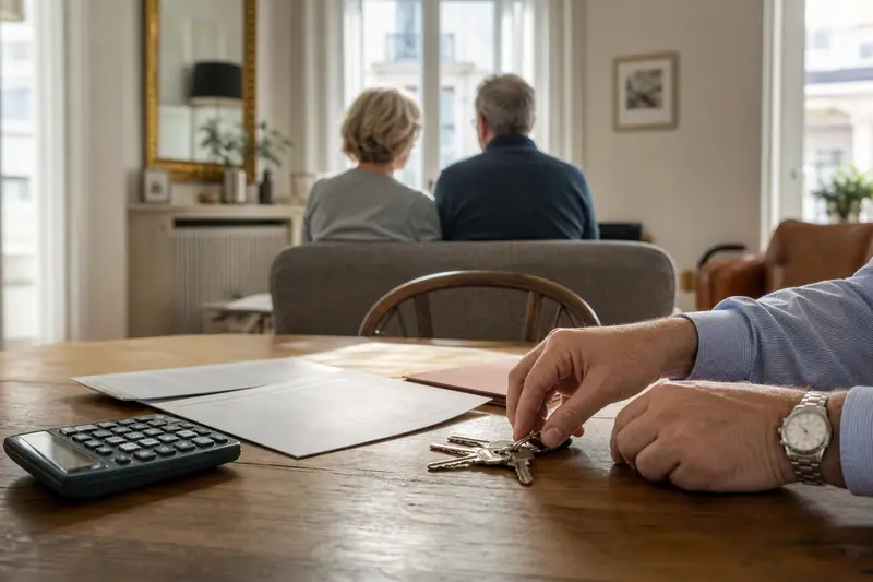 Une main pose des clés sur une table avec documents et calculatrice, devant un couple assis