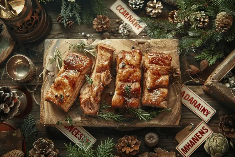 Morceaux de viande rôtie sur une planche entourée de branches de sapin et pommes de pin