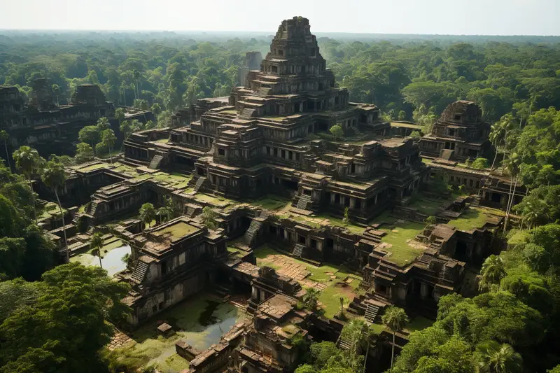 Grand complexe de temples en pierre sombre entouré d’une forêt dense, vu d’en haut