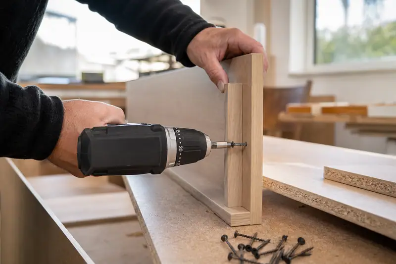 Une personne utilise une perceuse-visseuse noire pour fixer deux pièces de bois verticales
